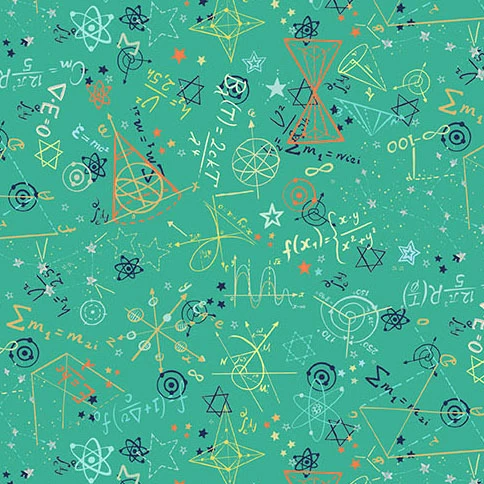 Teal cotton fabric with scattered math and science formulas, atoms, stars, geometric shapes