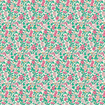 White cotton fabric with dense pink floral and green leaf allover pattern
