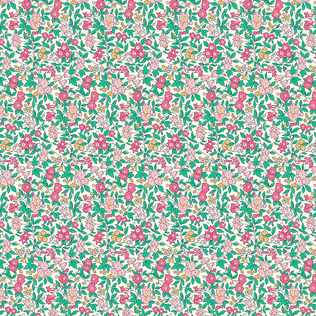 White cotton fabric with dense pink floral and green leaf allover pattern