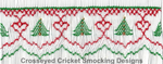 Christmas smocking plate with red hearts, green trees, zigzag border on white fabric