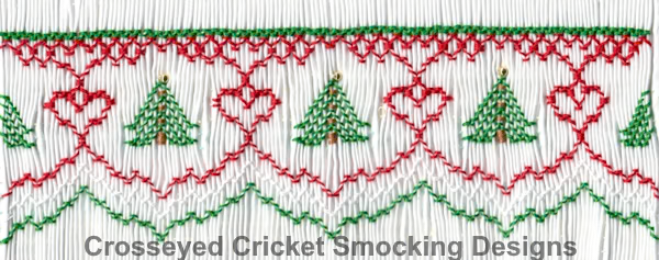 Christmas smocking plate with red hearts, green trees, zigzag border on white fabric
