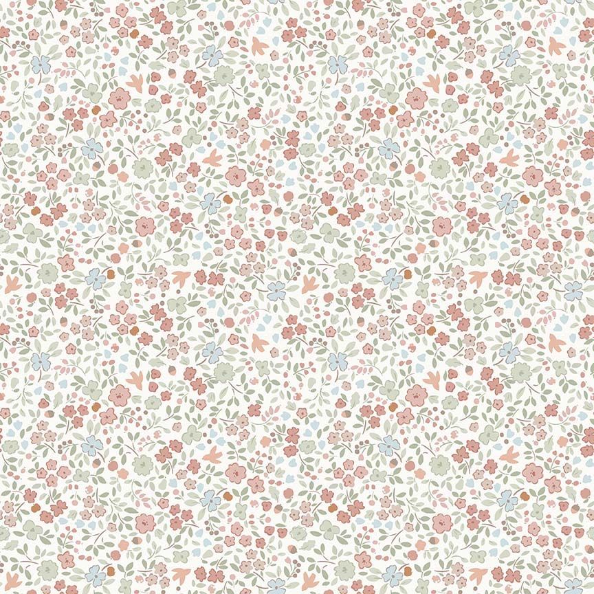 Ditsy floral fabric with pink, blue, and sage green flowers on white background