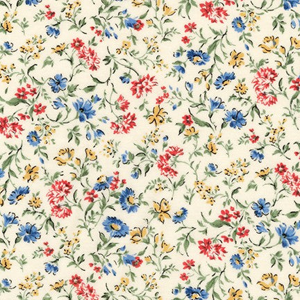 Cream lawn fabric with red, blue flowers and yellow butterflies on leafy vines