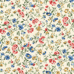 Cream lawn fabric with red, blue flowers and yellow butterflies on leafy vines