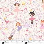 Cream fabric with ballerinas, music notes, crowns, bows, and butterflies in pink and purple