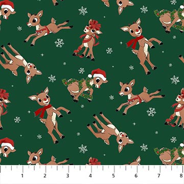 Green cotton fabric with tossed Rudolph reindeer characters and white snowflakes pattern