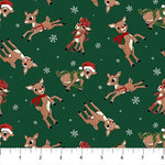Green cotton fabric with tossed Rudolph reindeer characters and white snowflakes pattern