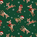 Green fabric with tossed Rudolph reindeer characters, snowflakes, Santa hats, and scarves.
