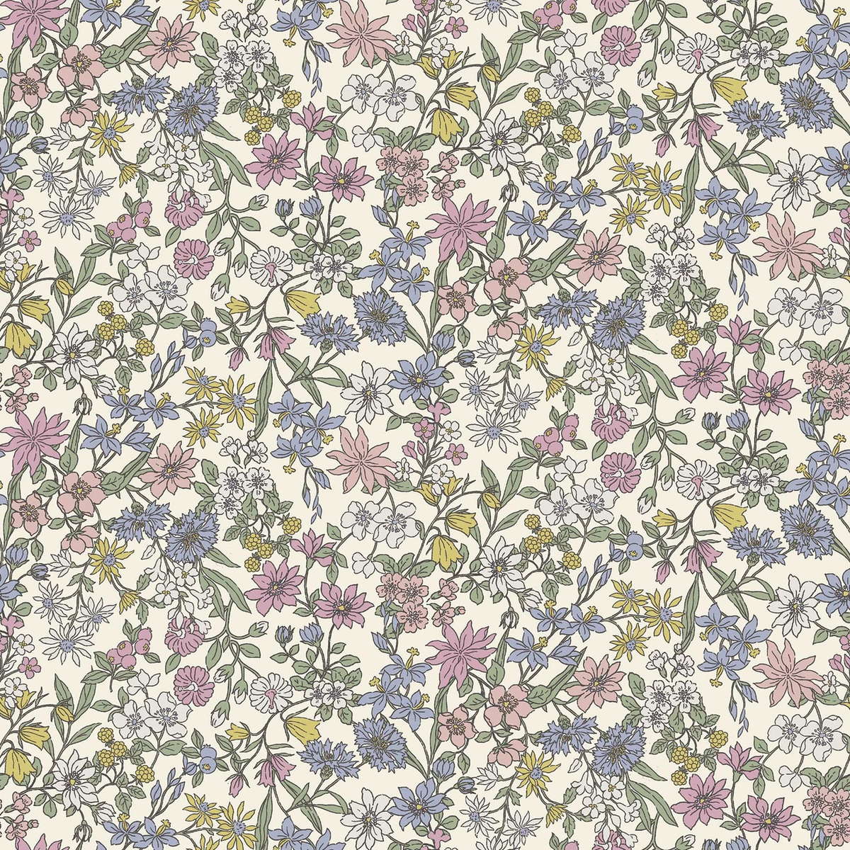 Cream fabric with dense pink, blue, yellow, and white wildflowers on green stems.