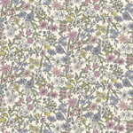 Cream fabric with dense pink, blue, yellow, and white wildflowers on green stems.