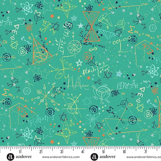 Teal quilting fabric with scattered science formulas, atoms, geometric shapes, and stars.
