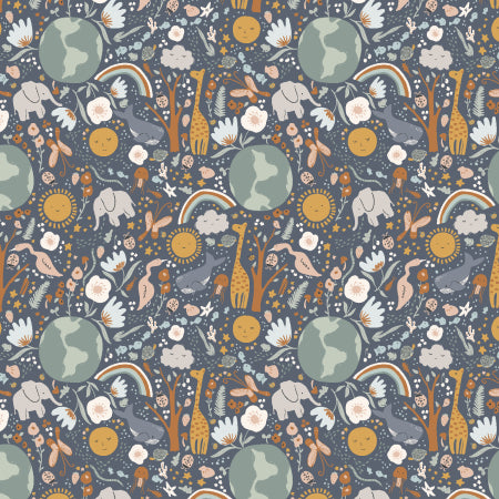 Navy fabric with giraffes, elephants, rainbows, globes, suns, and floral elements