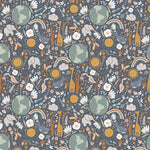 Navy fabric with giraffes, elephants, rainbows, globes, suns, and floral elements