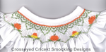 White smocked dress collar with orange pumpkins and green leaves fall design