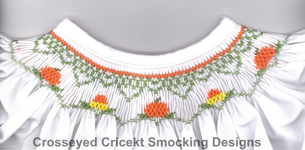 White smocked dress collar with orange pumpkins and green leaves fall design