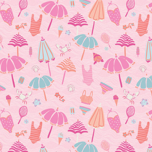 Pink cotton fabric with beach umbrellas, swimsuits, crabs, and ice cream repeat pattern