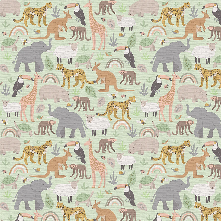 Mint green fabric with colorful jungle animals: elephants, giraffes, cheetahs, toucans, and kangaroos.