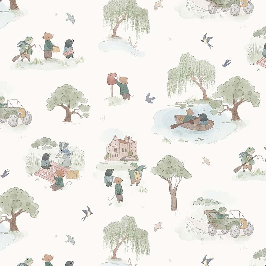 Cream fabric with watercolor woodland animals, willow trees, boats, and vintage cars