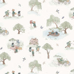 Cream fabric with watercolor woodland animals, willow trees, boats, and vintage cars