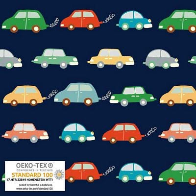Navy blue knit fabric with colorful cartoon cars pattern in rows