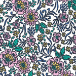 White cotton fabric with pink florals, teal leaves, and navy blue scrolling vines pattern