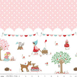 Pink polka dot and white woodland scene double border fabric by Riley Blake