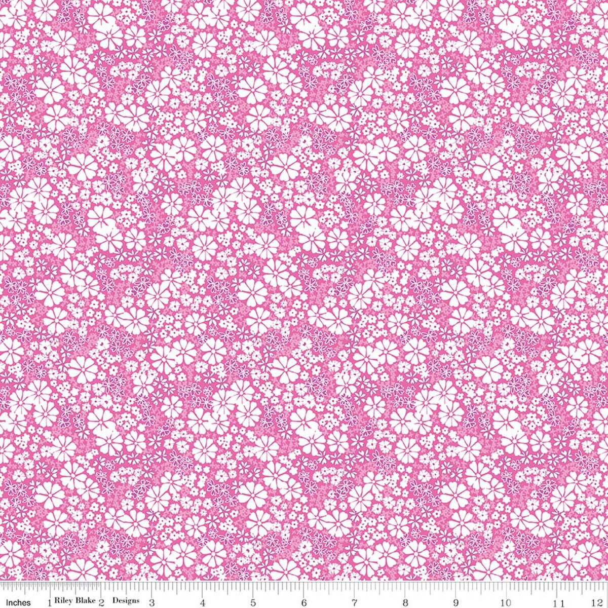 Pink quilting fabric with dense white floral pattern, Riley Blake Chasing Rainbows Everbloom