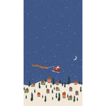 Santa sleigh flying over snowy village with trees, night sky, crescent moon fabric panel