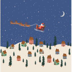 Santa's sleigh flying over snowy village with houses and pine trees at night