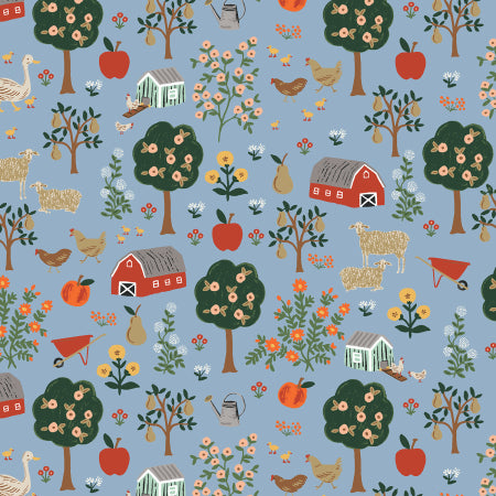 Blue cotton fabric with farm scenes: barns, fruit trees, sheep, hens, and flowers.