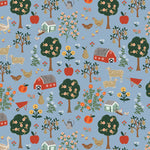 Blue cotton fabric with farm scenes: barns, fruit trees, sheep, hens, and flowers.