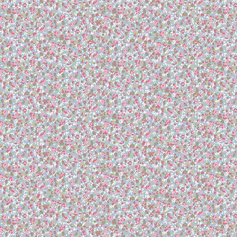 Light blue cotton fabric with small pink floral ditsy print and green leaves