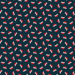 Dark navy fabric with scattered red and white Santa hats in a repeat pattern