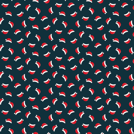 Dark navy fabric with scattered red and white Santa hats in a repeat pattern