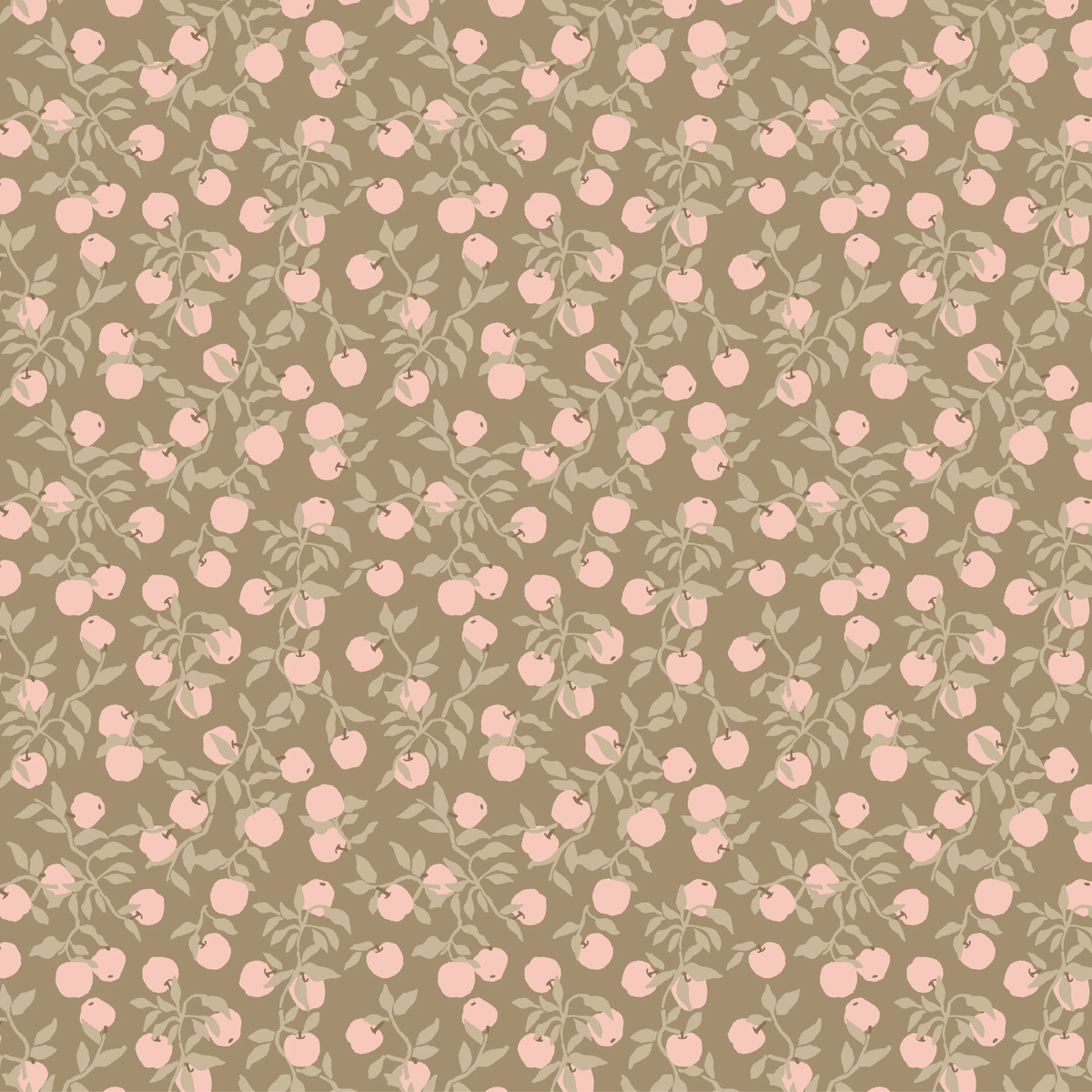 Pink apples on branches with sage leaves on dark taupe cotton fabric