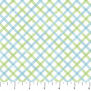 Blue and green diagonal plaid flannel fabric on white background