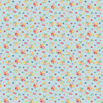 Light blue cotton fabric with scattered multicolor ditsy floral print in red, yellow, and pink