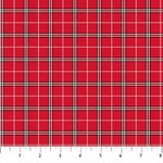 Red tartan plaid fabric with black and white grid lines, classic holiday pattern