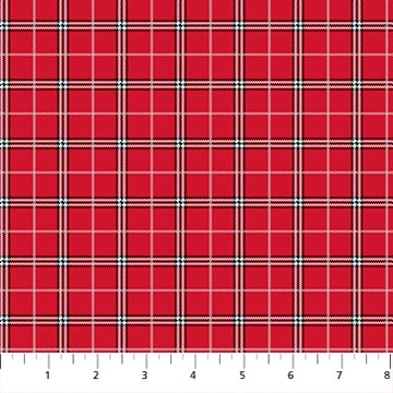 Red tartan plaid fabric with black and white grid lines, classic holiday pattern