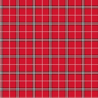 Red tartan plaid fabric with black and white grid lines, classic holiday pattern