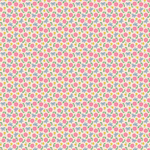 Pink floral fabric with blue bows and yellow accents on cream background