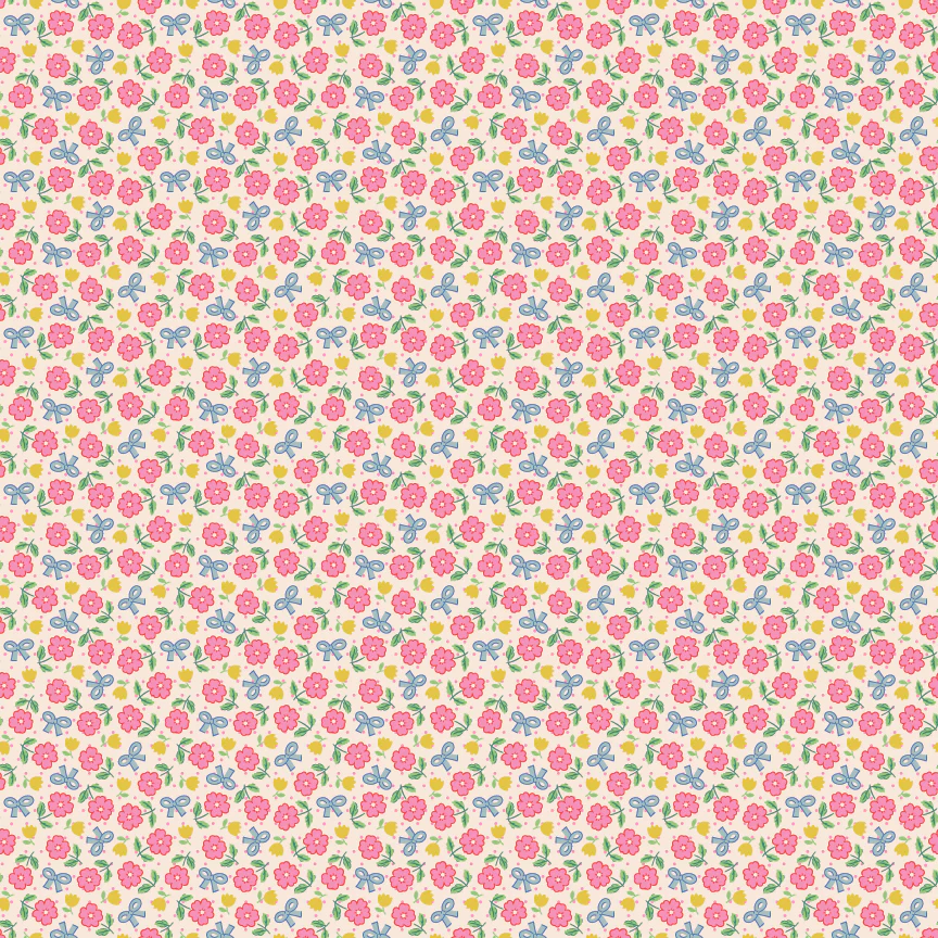 Pink floral fabric with blue bows and yellow accents on cream background