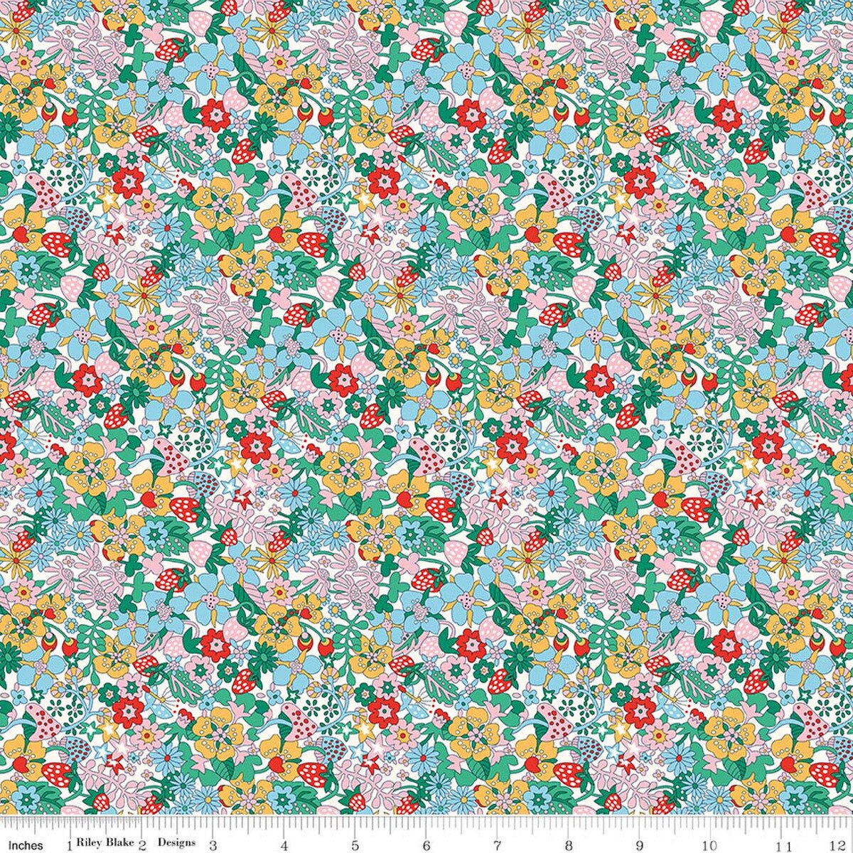 White cotton fabric with dense multicolor floral and strawberry print pattern