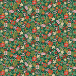 Green Christmas fabric with gifts, candy canes, stars, bells, and holly toss pattern