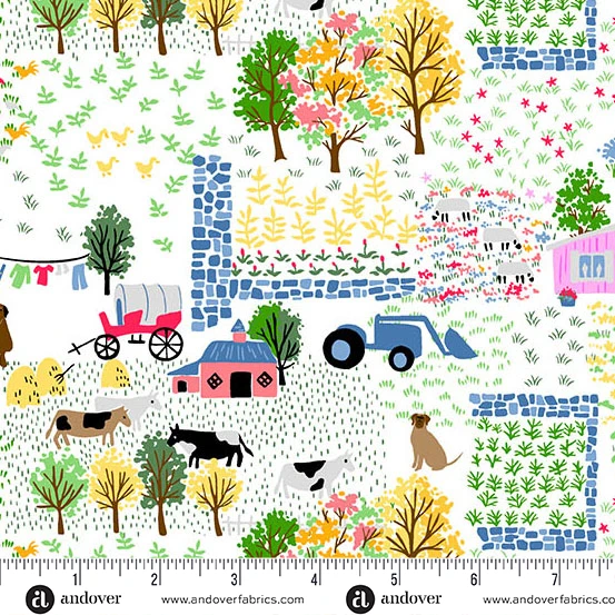 White cotton fabric with farm scene: barn, tractor, cows, trees, and fields