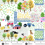 White cotton fabric with farm scene: barn, tractor, cows, trees, and fields