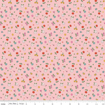Pink cotton fabric with scattered multicolor ditsy floral print by Riley Blake