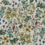 Cream corduroy fabric with multicolor wildflower botanical print in blue, pink, gold, green