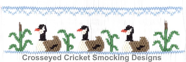 Smocking plate pattern featuring three Canadian geese with cattails and blue border trim.