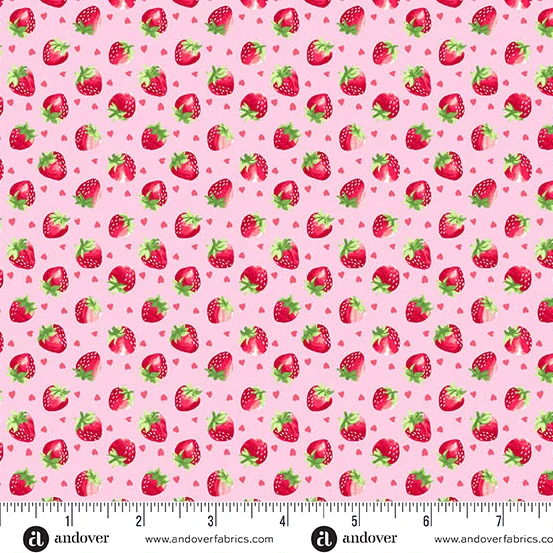 Pink quilting fabric with red strawberries and tiny hearts allover print by Andover